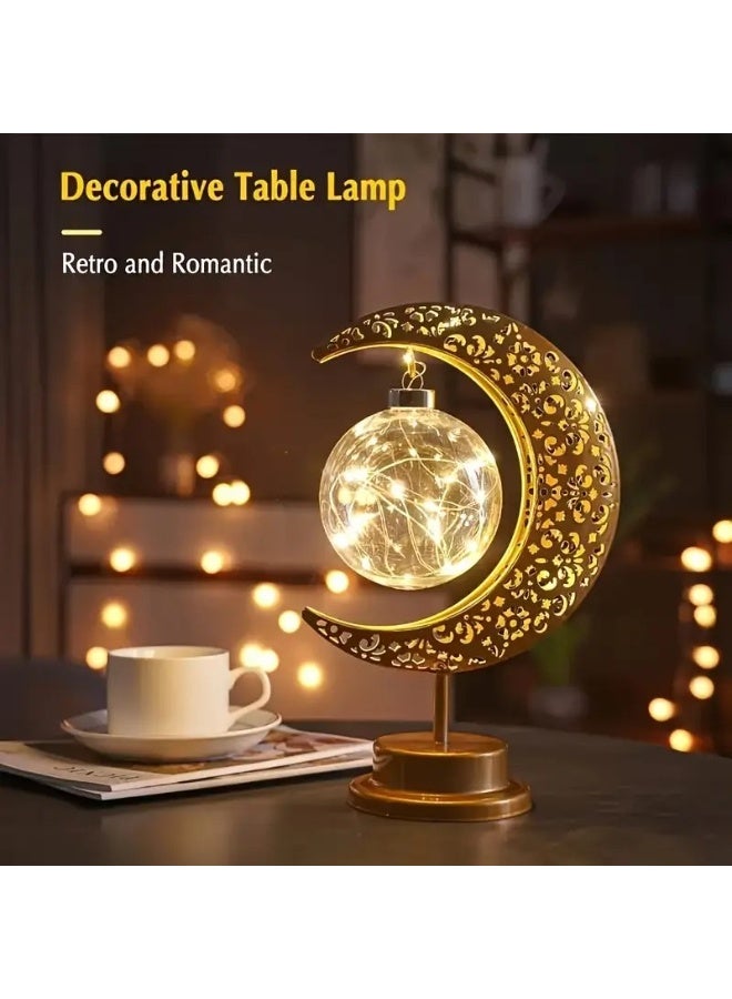 Home Care مصباح طاولة حديدي على شكل هلال ونجمة رمضان - ضوء ليلي يعمل بالبطارية لتزيين المهرجانات وغرف النوم، طراز ريترو، مناسب لشهر رمضان وعيد الحب - Image 1